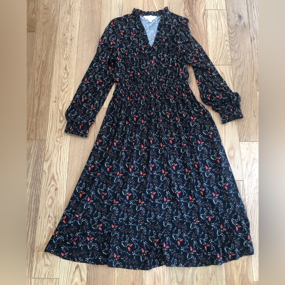 Midi Dress with Ruffle Detail Around Neckline and Fitted Wrists